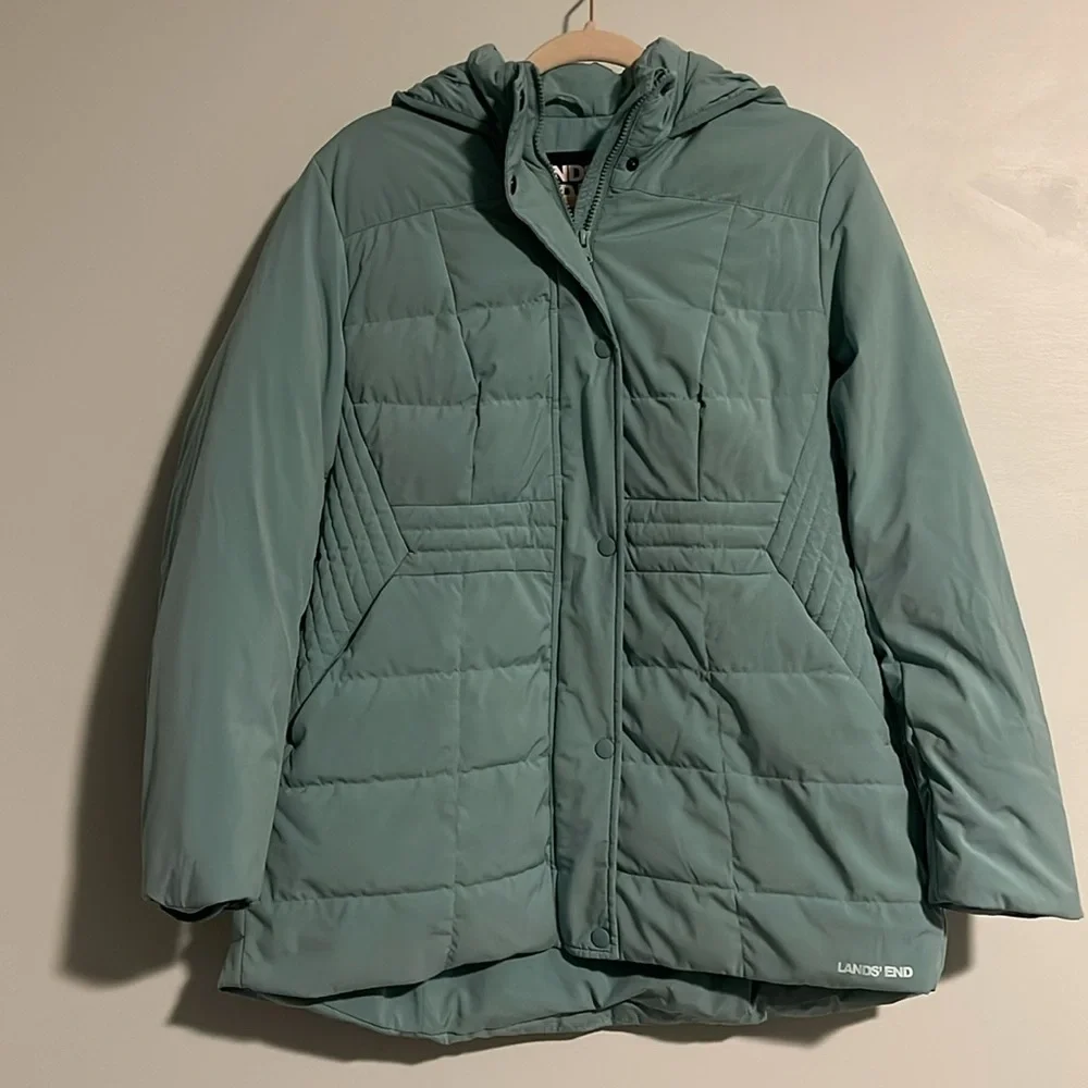 Lands’ End Down Filled Green Puffer Jacket Women’s Medium Petite (10/12) Hood - Picture 2 of 11